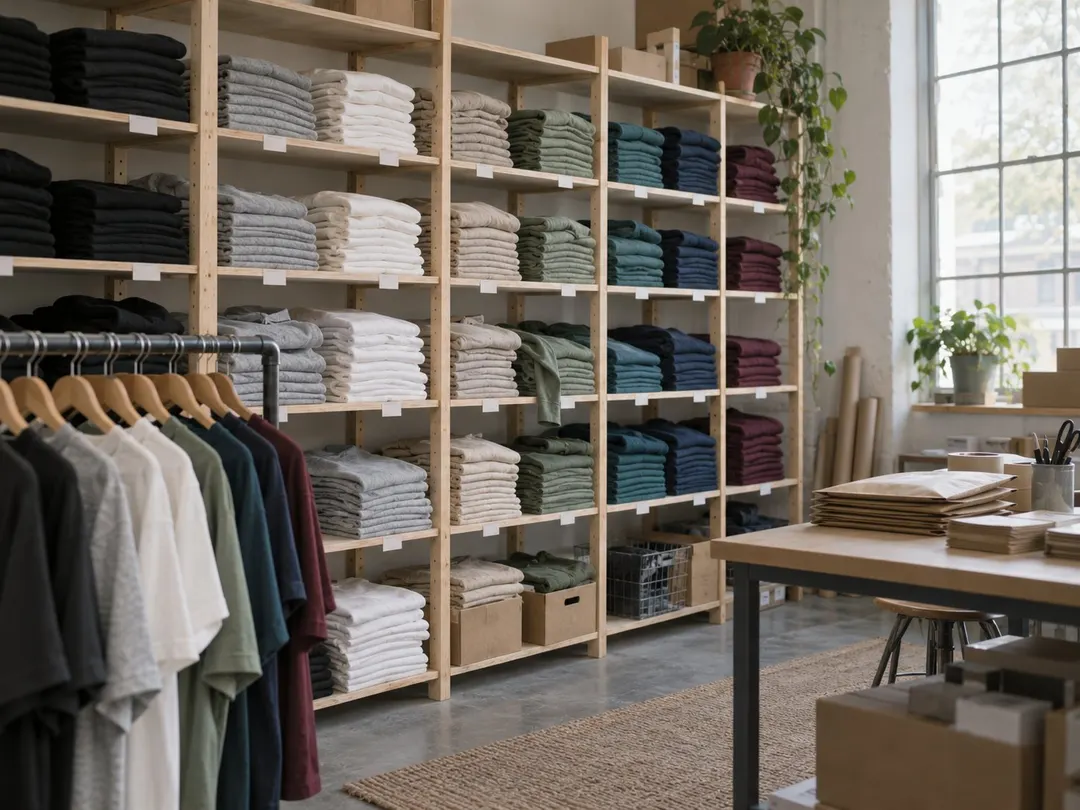 Lager eines Modeshops: Holzregale mit gefalteten Pullovern und Shirts in vielen Farben, davor ein Kleiderständer mit Hemden, rechts ein Packtisch