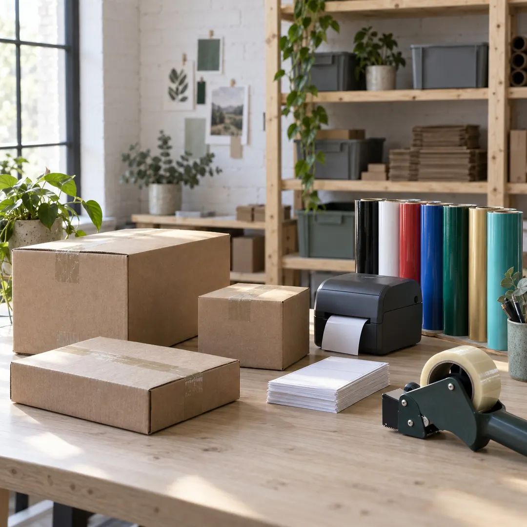 Packtisch mit Versandkartons, Etikettendrucker und Klebebandabroller, dahinter ein Regal mit Folienrollen